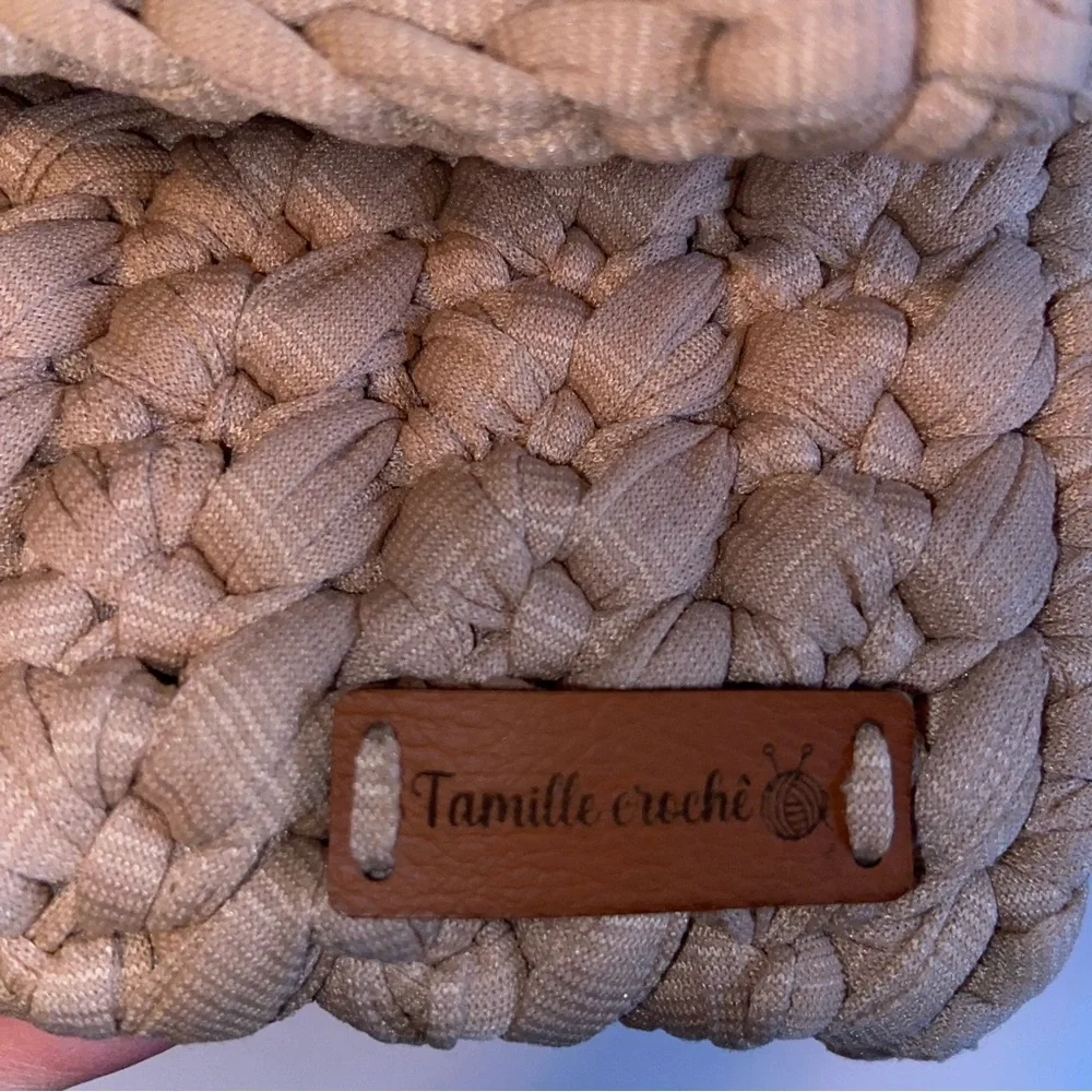 Tamille Crochet Bag Womens Purse Woven Gold Chain Leather Shoulder Strap Beige